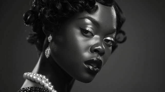 In a monochromatic portrait a black model is dd in layers of glittering pearls and sequins her perfectly coiffed hair and bold lipstick paying homage to the glamour and excess of the .