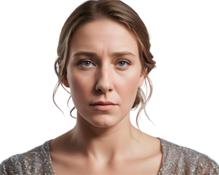 adult sad white woman isolated in white/transparent background, cut out