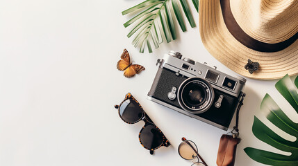 Top view of traveler accessories on Retro Background with empty space for text, tropical palm leaf & Retro camera, Travelling in summer holidays vacation banner concept