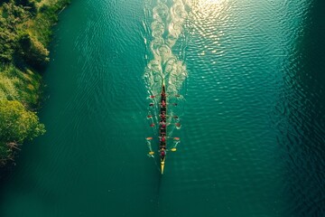 Aerial drone top panoramic view with copy space of sport canoe rowing synchronous athletes competing in tropical exotic lake