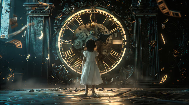 Surreal moment of a woman standing in front of clock. Watching destiny with the time passing. Generative Ai.