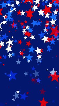 Red white and blue stars falling like confetti on blue background for USA celebrations like 4th of July, Memorial Day, Veteran's Day, or other patriotic US American holidays.