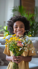  Happy, smiling kid with bunch of colorful flowers for mothers day or birthday celebration Vertical banner fot smartphone, tiktok or instastory background