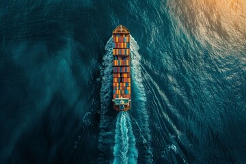 Aerial top down view of a large container cargo ship in motion over open ocean with copy space