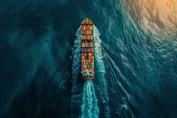 Papier Peint photo autocollant Naufrage Aerial top down view of a large container cargo ship in motion over open ocean with copy space