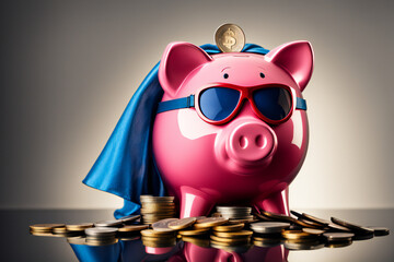 Superhero piggy bank with coins. save money and become a hero concept.