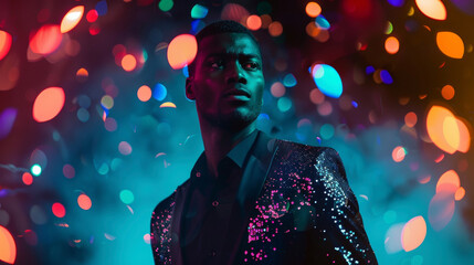 A handsome black man poses on a stage the vibrant lights creating a hypnotizing kaleidoscope effect on his sleek black suit and sparkling sequins. His poised stance and intense gaze . - obrazy, fototapety, plakaty