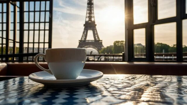Enjoy coffee while relaxing at winter in the Eiffel, seamless looping 