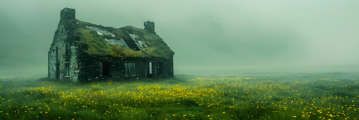 old abandoned house,
 Old Ruin on Green Meadow  - obrazy, fototapety, plakaty