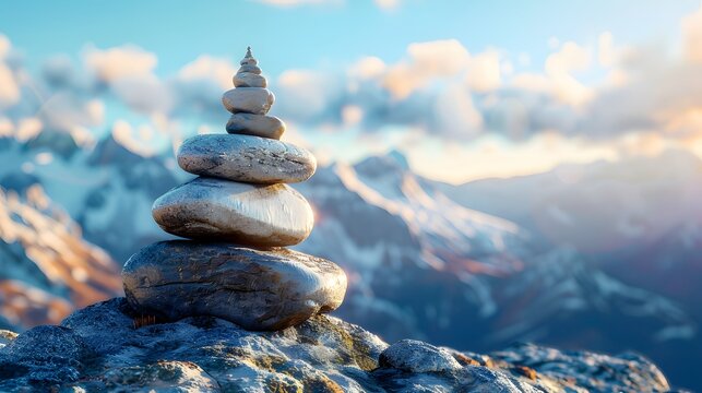 Tranquil mountain peak adorned with solitary stone cairn, rugged beauty AI Image