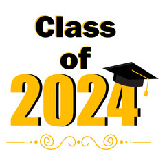 Class of 2024 celebration design. Graduation cap emblem. Yellow and black. Vector illustration. EPS 10.