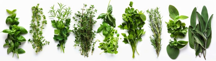 Culinary herbs collection, precisely organized, lush greenery on white, for gourmet appeal - obrazy, fototapety, plakaty