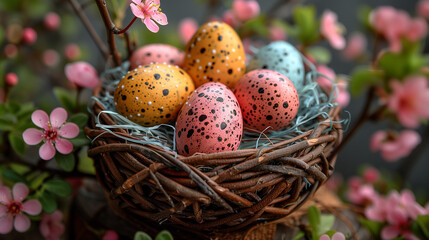 Fototapeta na wymiar Vibrant spring blossoms intertwined with painted Easter eggs, nestled within a woven basket, inviting the spirit of renewal-3