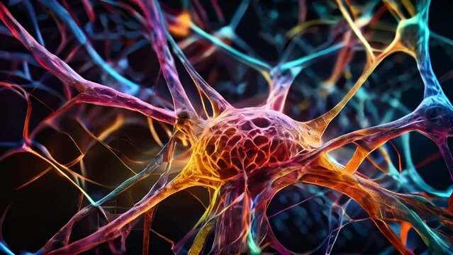 Colorful neural network illustration highlighting the complex connections and activity of brain cells