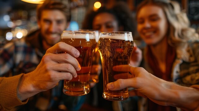 Group of happy friends having fun while toasting with beer in a bar.