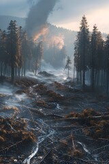 Dramatic Wintry Landscape with Cascading Waterfall and Misty Forest in Cinematic Rendering