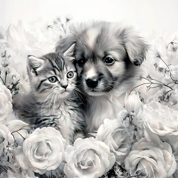A beautiful image of a kitten and a puppy drawn in pencil in charcoal style. Generated by AI.