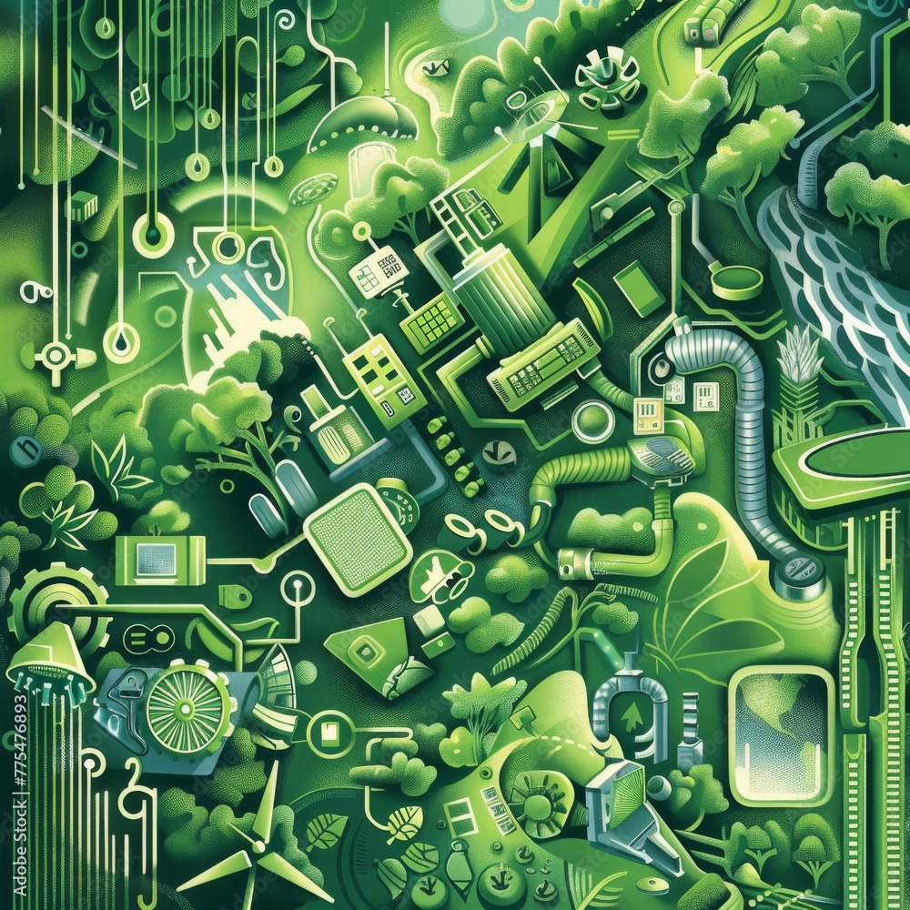 Poster highlight the latest in green technology with visuals of cutting-edge inventions like biodegradable 