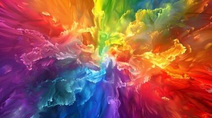 Vibrant rainbow hues collide in a hypnotic display of abstract explosions creating a kaleidoscope of color.