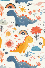A cute kawaii design featuring dinosaurs, clouds, flowers, trees, rainbows and dinosaur patterns. in a minimalistic illustration style similar to Crayon doodle drawing Artwork
