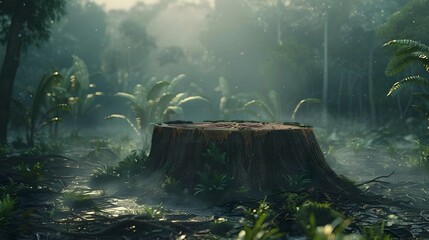 Serene Forest Stump in Misty Jungle Landscape Highlighting Environmental Implications of Deforestation - obrazy, fototapety, plakaty