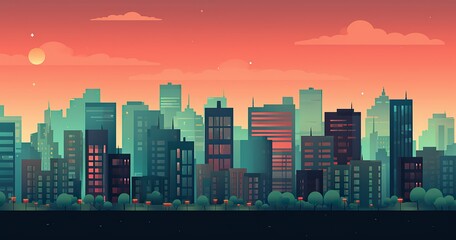 cartoonish city backroung flat colors, minimal, for animation, lateral low view