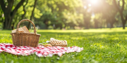 Fototapeta na wymiar Picnic blanket with basket, park setting, sunny day for summer banner