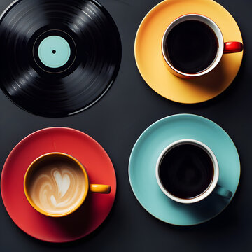 A collection of colorful coffee cups and a record on a table. The cups are in different colors and sizes, and the record is black and white. Concept of nostalgia and a love for music and coffee
