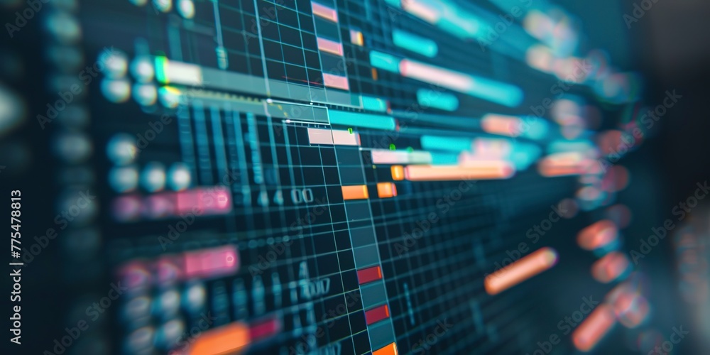 Poster gantt chart on a computer screen, detailed project view, close-up, sharp detail