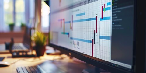 Fototapeta premium Gantt chart on a computer screen, detailed project view, close-up, sharp detail