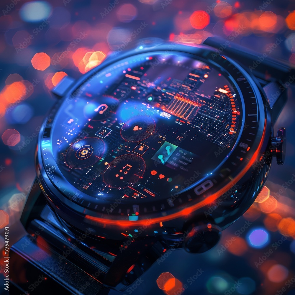 Poster close-up view of a smartwatch with a futuristic interface, showing real-time notifications from soci