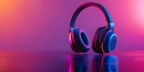 A pair of headphones is on a table with a purple background. The headphones are black and have a sleek design. Concept of modernity and sophistication, as well as a focus on technology - Powered by Adobe