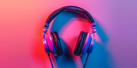 A pair of headphones with a purple and pink background - Powered by Adobe