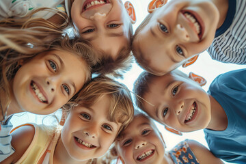 A low-angle portrait of a group of children in a circle, smiling happily with the clear sky in the background. Childhood and friendship concept.