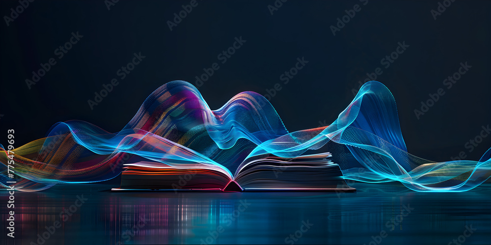 Wall mural a book is open on a table with a blue background. the blue and red swirls are moving and seem to be 