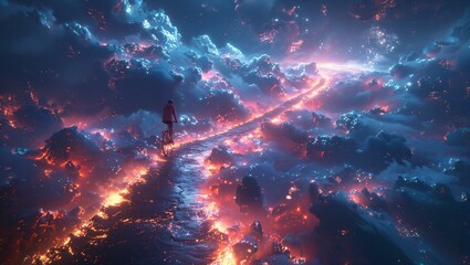A cyclist on a glowing path that twists into the sky, a surreal journey upwards