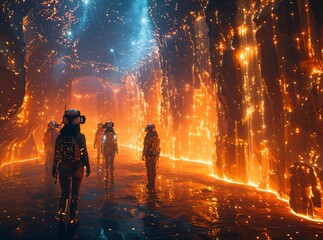 Explorers in a cave where the walls are a live, interactive holographic display