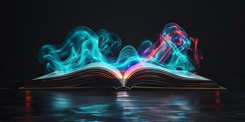 A book is open to a page with a blue and red swirl. The book is illuminated by a light source, creating a sense of movement and energy. The image conveys a feeling of excitement and wonder