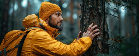 A hiker touching a tree that turns to gold at the touch, magical nature encounter