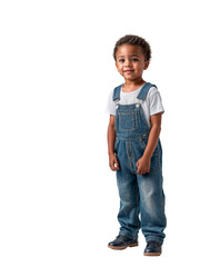 A young boy wearing overalls and a white t-shirt