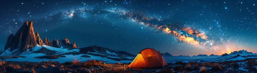 Surreal camping site with tents floating in mid-air, under a galaxy-filled sky