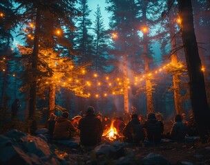 A group of friends camping in a forest where the trees are illuminated with neon lights