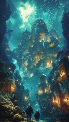 Deep-sea divers exploring a glowing underwater city, surrounded by mythical creatures