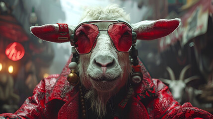 cyberpunk goat in futuristic costume, gaming wallpaper, funny eid ul adha concept, 