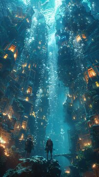 Deep-sea divers exploring a glowing underwater city, surrounded by mythical creatures