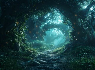 Enchanted forest with hidden doorways, mystical creatures peering out, ethereal glow