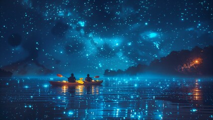 Vibrant kayakers on a luminous bioluminescent lake, stars reflecting in water, surreal colors