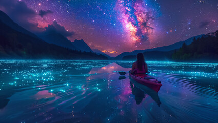 Vibrant kayakers on a luminous bioluminescent lake, stars reflecting in water, surreal colors - obrazy, fototapety, plakaty