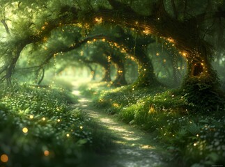 Enchanted forest with hidden doorways, mystical creatures peering out, ethereal glow