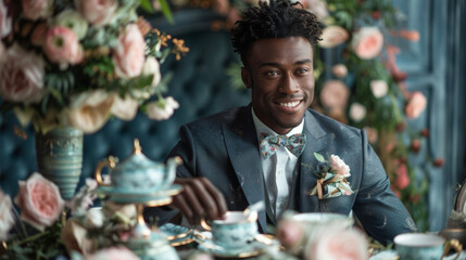 A handsome black man decked in a tailored suit and bow tie offers a charming smile as he holds a decorative tea pot in hand. Surrounding him are beautiful floral arrangements and dainty .